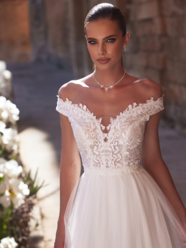 bianco evento bridal top e463 Bolero bei VeRina Brautmoden in Hille Rothenuffeln Spitze 2Teiler Carmenträger