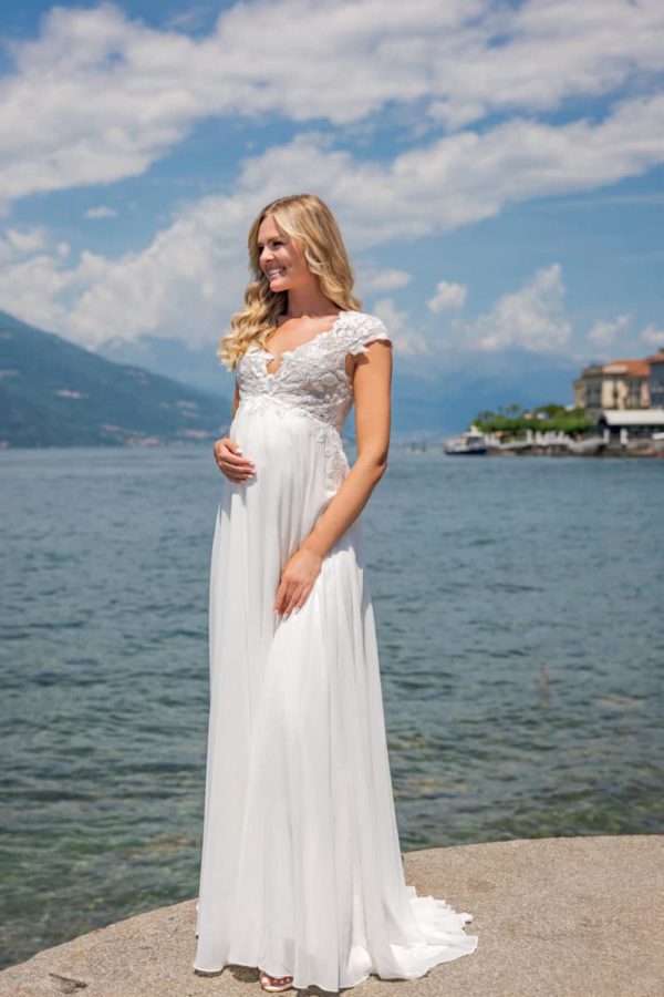 Vera Nova VN61 Brautkleid Umstandskleid Chiffon Träger tiefer Rückenausschnitt Spitze Blätterspitz V Ausschnitt