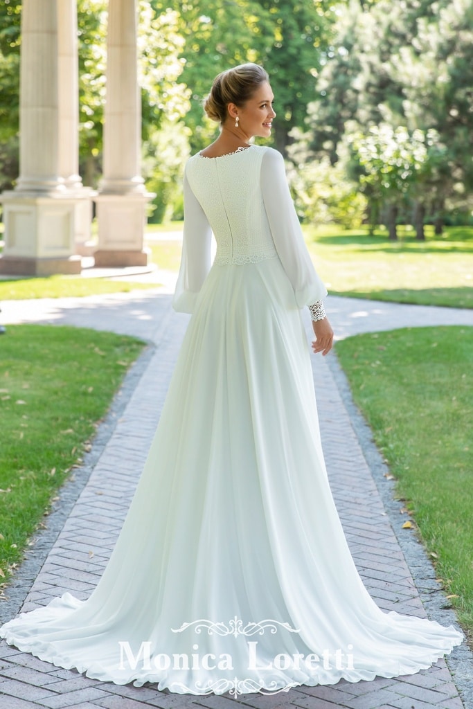 8156 Brautkleid von Monica Loretti bei veRina Brautmoden in Hille Rothenuffeln Chiffonkleid hochgeschlossen lange Chiffonärmel grobe Spitze (2)