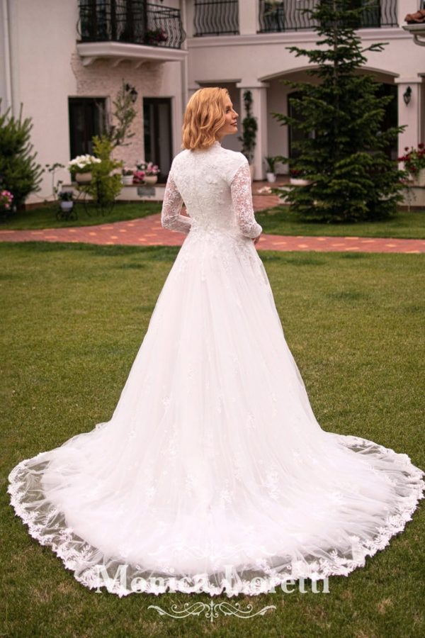8311 Brautkleid von Monica Loretti bei VeRina Brautmoden in Hille Rothenuffeln A Linie Tüllkleid Tüll hochgeschlossen Ärmel Spitze fließend (1)
