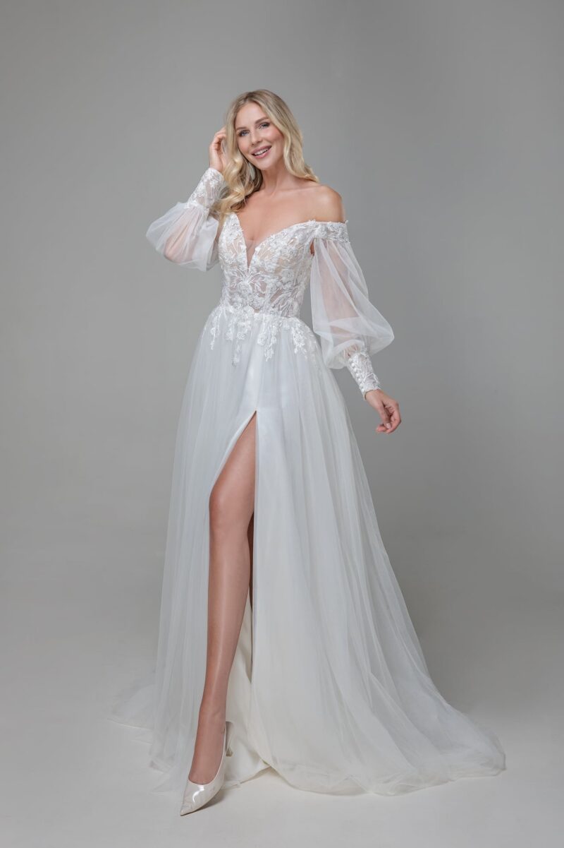 MGB183 Miss beautiful bride Brautkleid bei VeRina Brautmoden in Hille Rothenuffeln Tüll Softtüll Puffärmel Carmenträger fließende Spitze