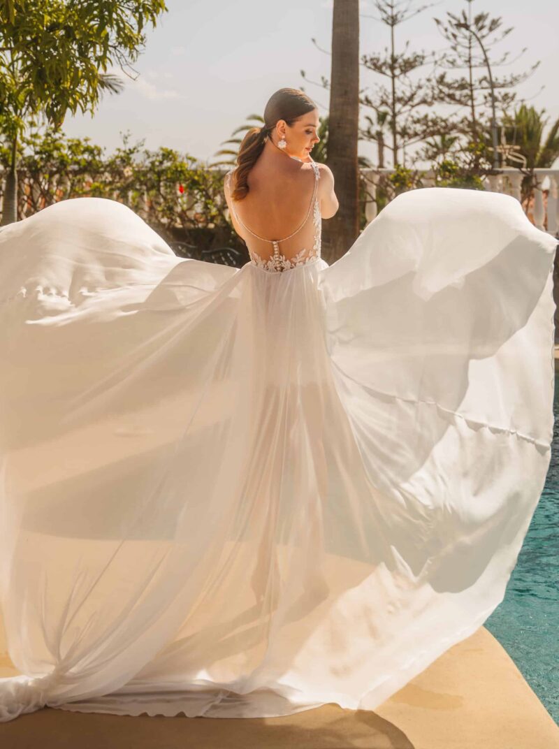 2624 Brautkleid Lisa Donetti bei VeRina Brautmoden in Hille Rothenuffeln kurzes Spitzenkleid abnehmbarer Chiffonrock Träger Rückenausschnitt V Ausschnitt 2