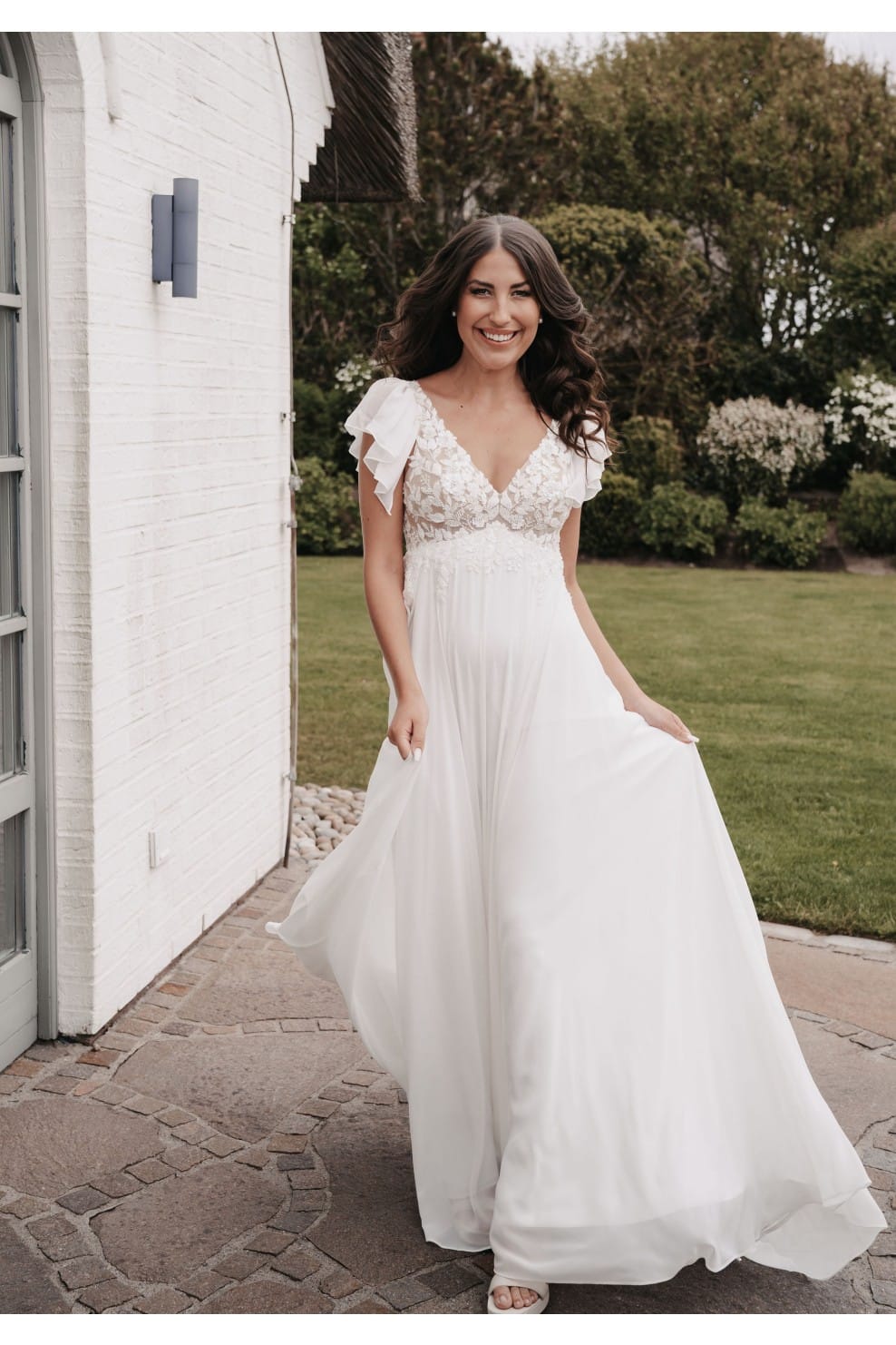 lbs08 Umstandskleid Brautkleid Lohrengel Chiffon Flügelärmelchen aus Chiffon V Ausschnitt Spitze Pailletten