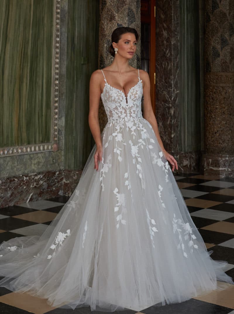 50921 Diane legrand Brautkleid bei VeRina Brautmoden in Hille Rothenuffeln A Linie Tüll matte fließende Spitze Spaghettiträger